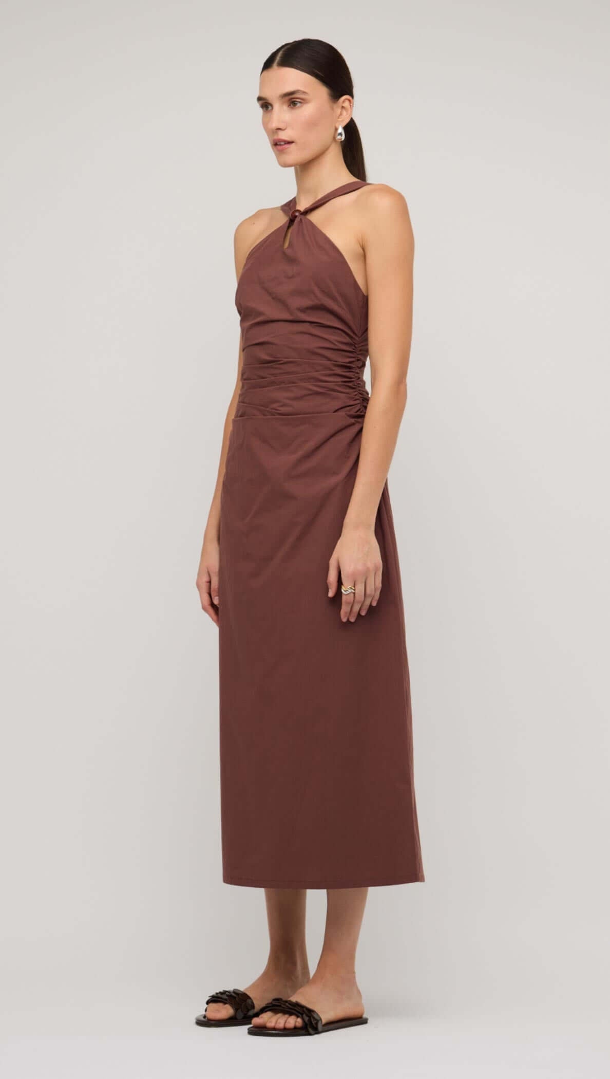 Brown cotton bead halter-neck ruched midi dress, stylish and elegant for casual or formal occasions.