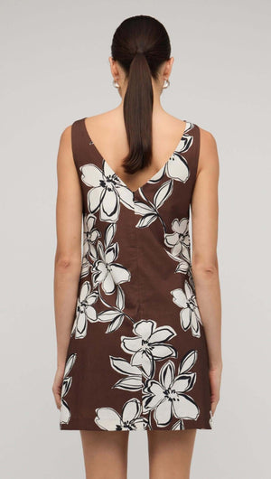 Brown & White Cotton Floral Shift Mini Dress