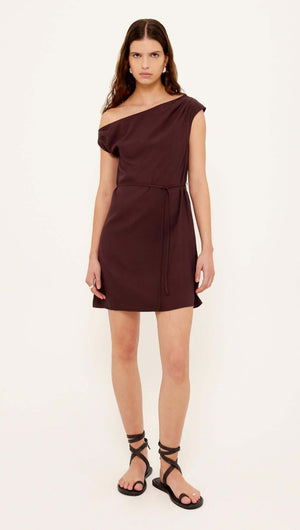 Linen Blend Chocolate Asymmetrical Mini Dress with oversized shoulder tie and relaxed A-line silhouette.