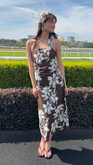 Brown & White Cotton Floral Halter-Neck Midi Dress