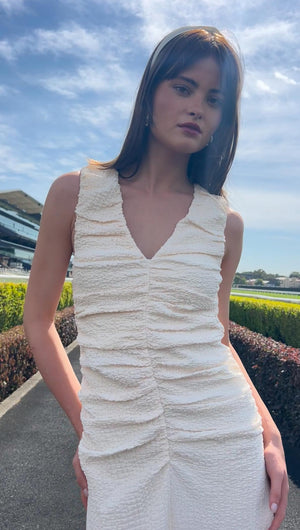 Cream Gathered V-Neck A-Line Midi Dress