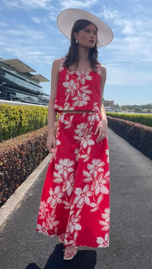 Red & White Cotton Floral A-Line Maxi Skirt