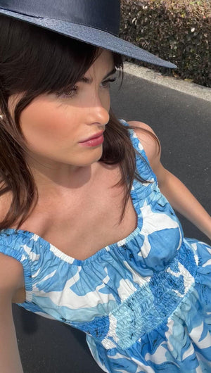 Blue & White Floral Cotton Shirred Midi Dress