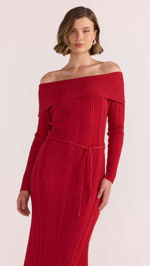 LUNA OFF SHOULDER KNIT DRESS IN RED - ELEVATED EVENING DRESSING - Staple the Label LUNA OFF SHOULDER KNIT DRESS IN RED - ELEVATED EVENING DRESSING - Staple the Label