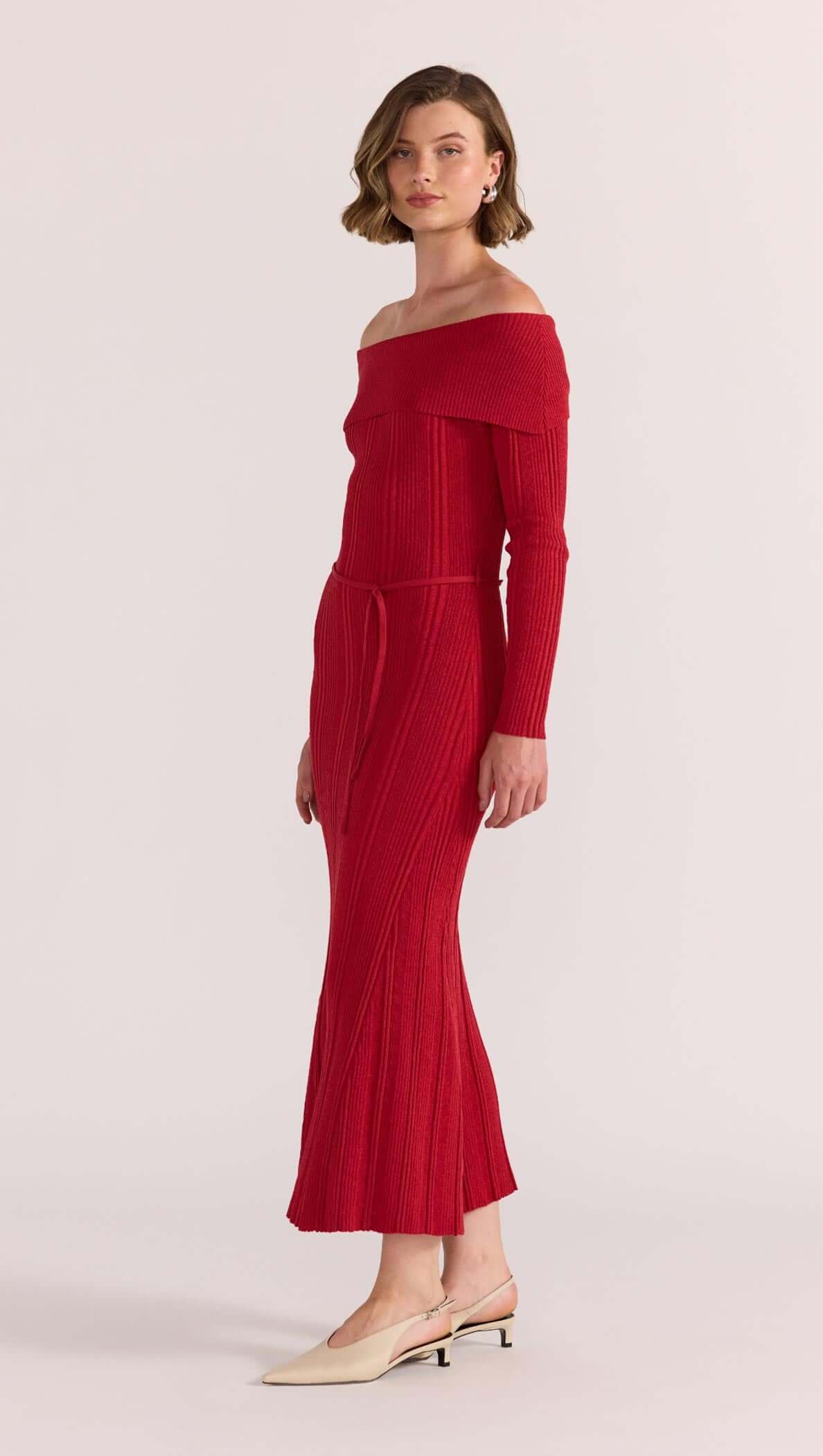 Burgundy Long Sleeve Midi Knit Dress Shoulder Tie Back Off Shoulder Red Midi Dress Caspian Slinky Burgundy Long Sleeve Midi Knit Dress Shoulder Tie Back Off Shoulder Red Midi Dress Caspian Slinky