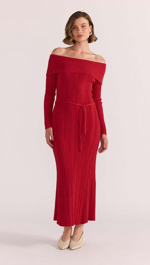 LUNA OFF SHOULDER KNIT DRESS IN RED - ELEVATED EVENING DRESSING - Staple the Label LUNA OFF SHOULDER KNIT DRESS IN RED - ELEVATED EVENING DRESSING - Staple the Label