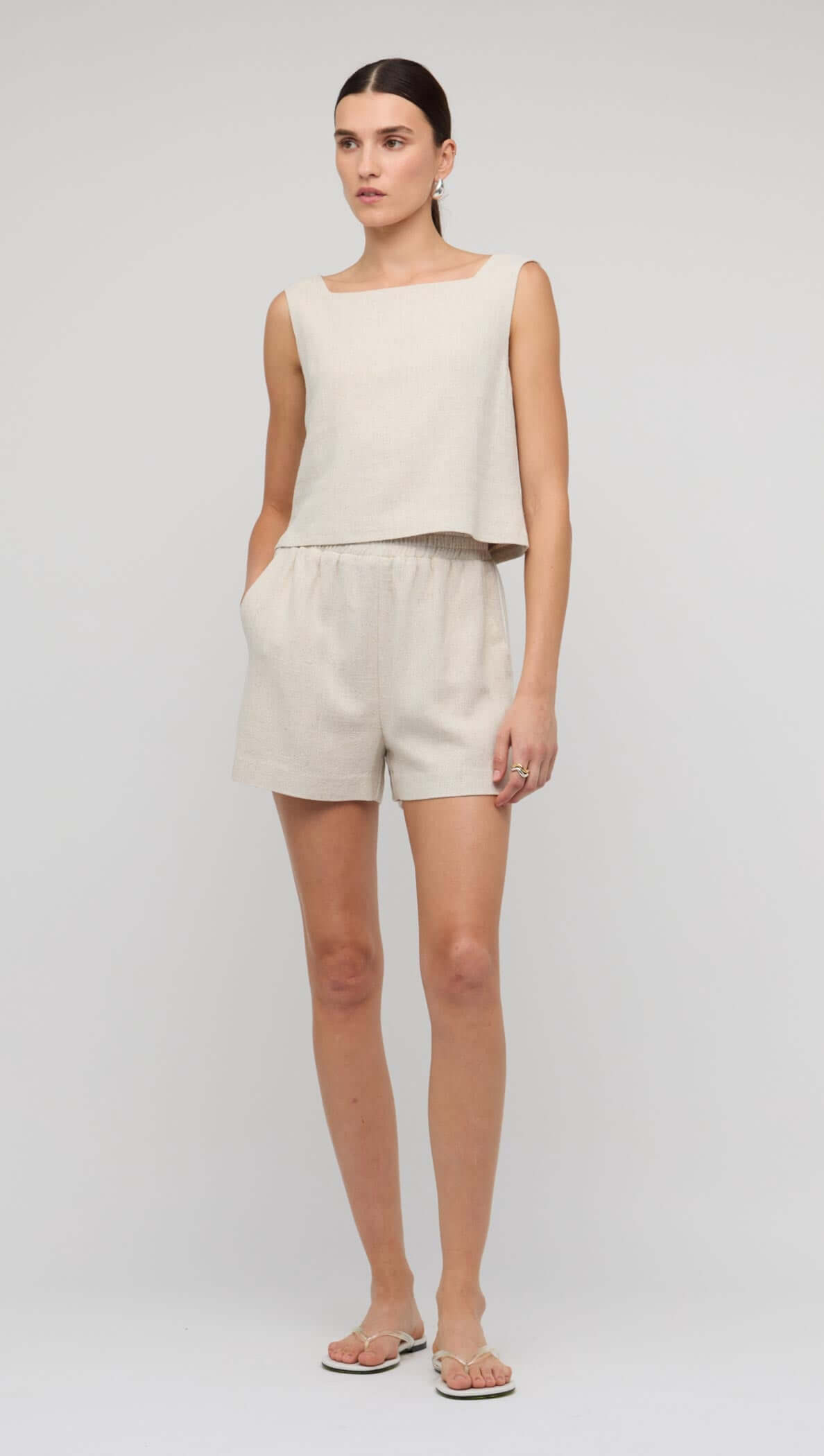 Natural Marle V-Back Linen Top styled with a square neckline on a model, perfect for summer outfits.