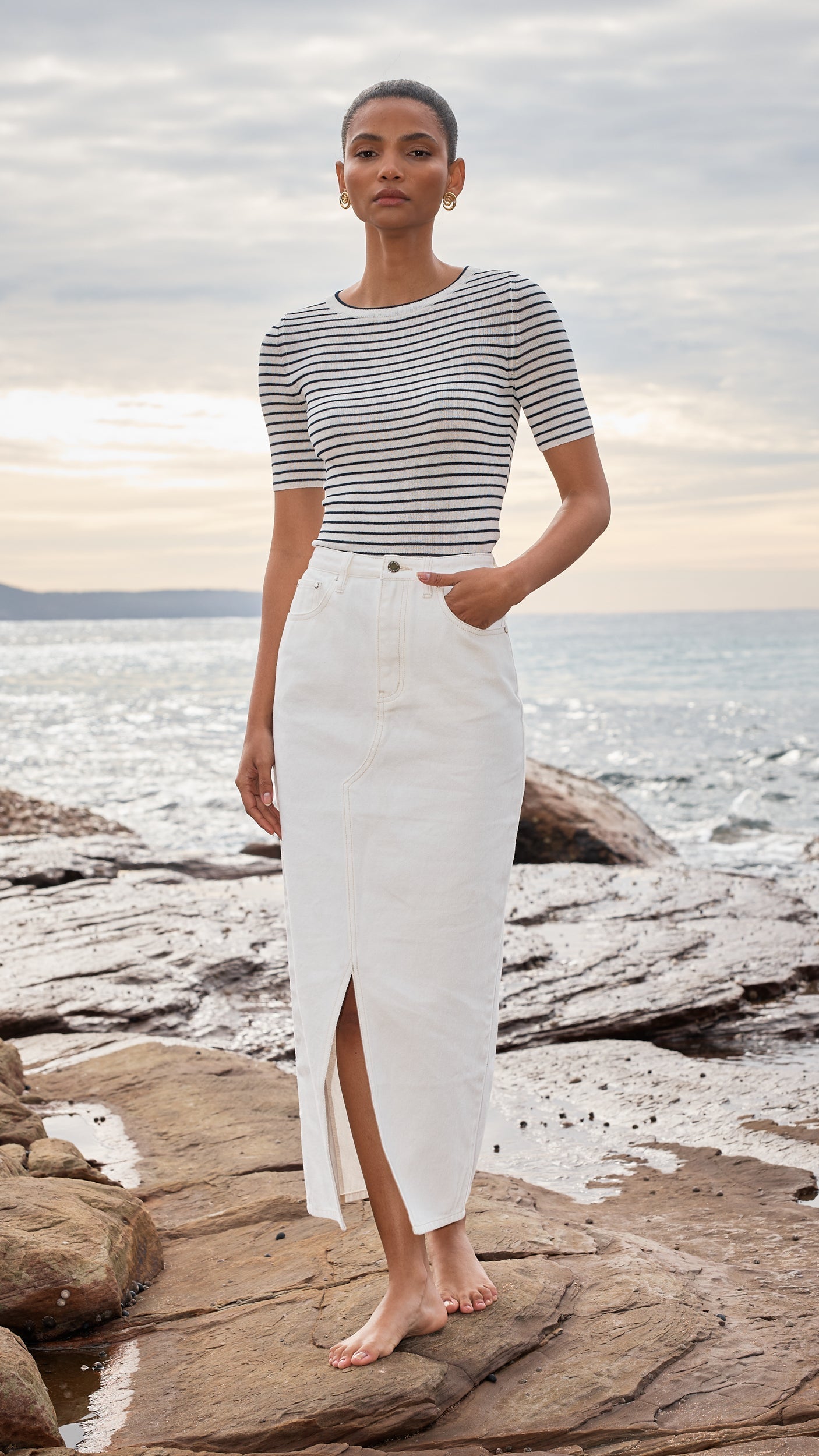 Knee-length denim skirt - White denim - Ladies | H&M IN
