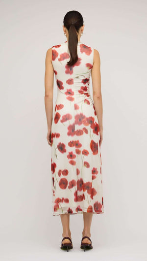 Red & White Poppy Print Mesh Midi Dress