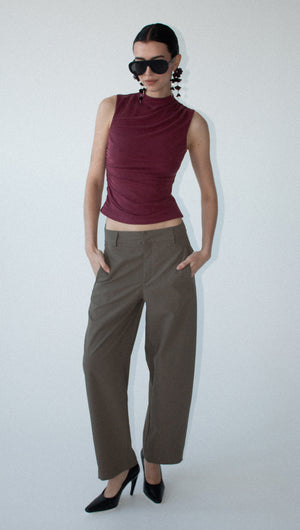 Burgundy High Neck Ruched Jersey Top
