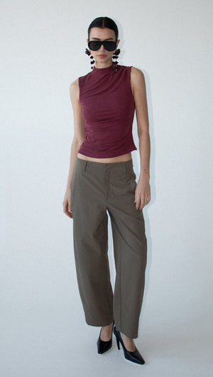 Burgundy High Neck Ruched Jersey Top