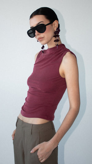 Burgundy High Neck Ruched Jersey Top