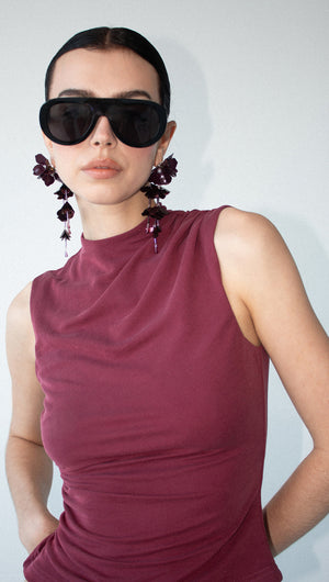 Burgundy High Neck Ruched Jersey Top