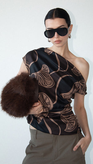 Abstract Leaf Print One Shoulder Top