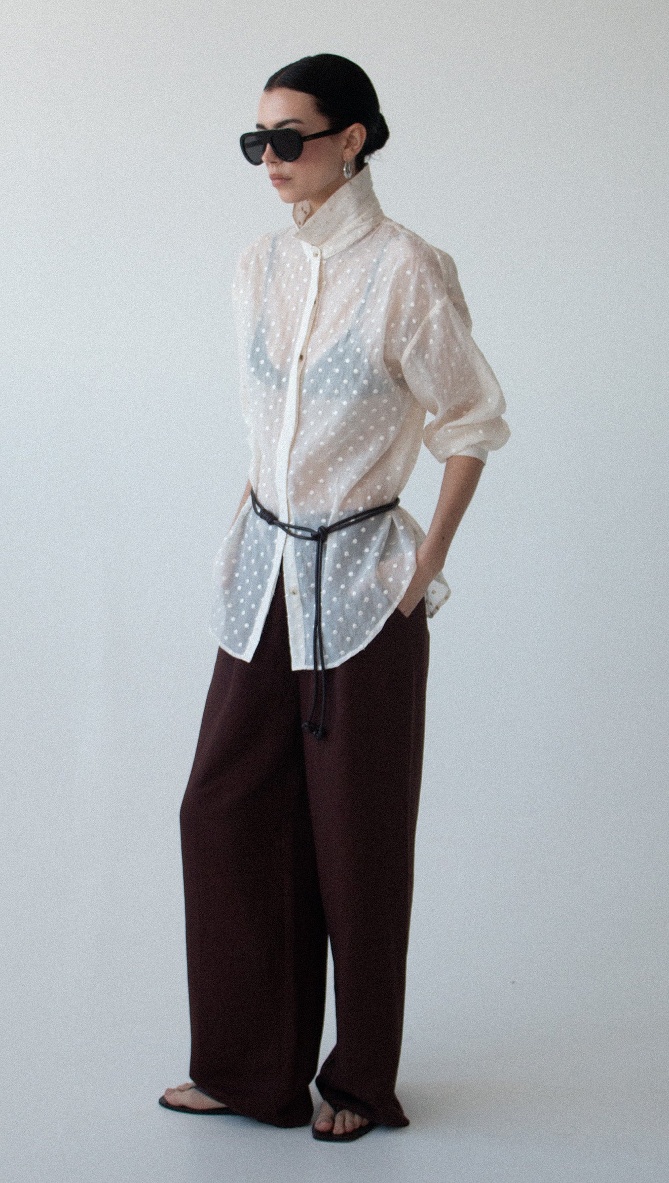 Cream Embroidered Spot Sheer Oversized Shirt