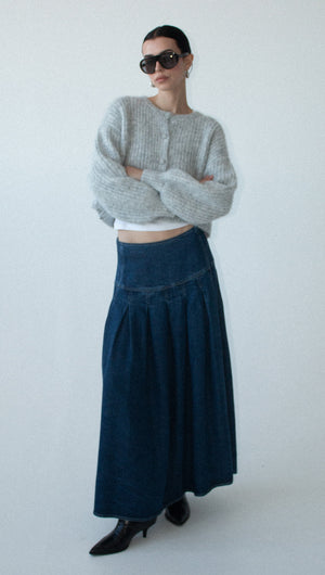 Indigo Chambray Box Pleat Midi Skirt
