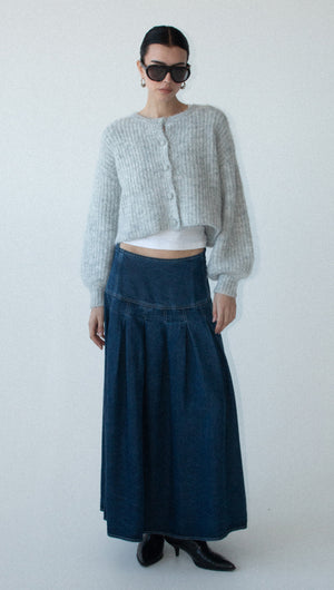 Indigo Chambray Box Pleat Midi Skirt