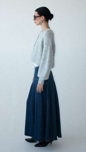 Indigo Chambray Box Pleat Midi Skirt