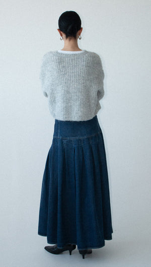 Indigo Chambray Box Pleat Midi Skirt