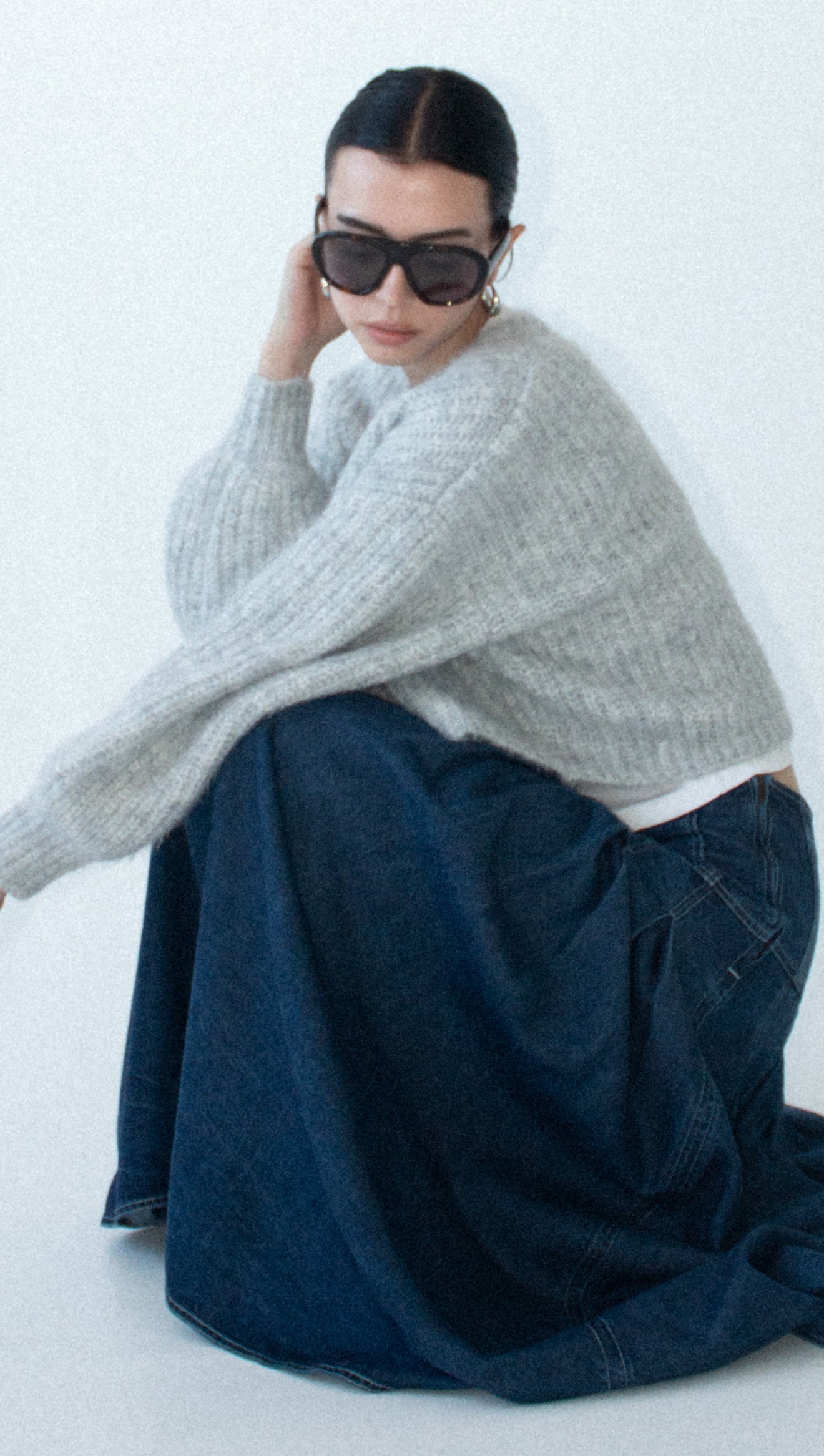 Indigo Chambray Box Pleat Midi Skirt