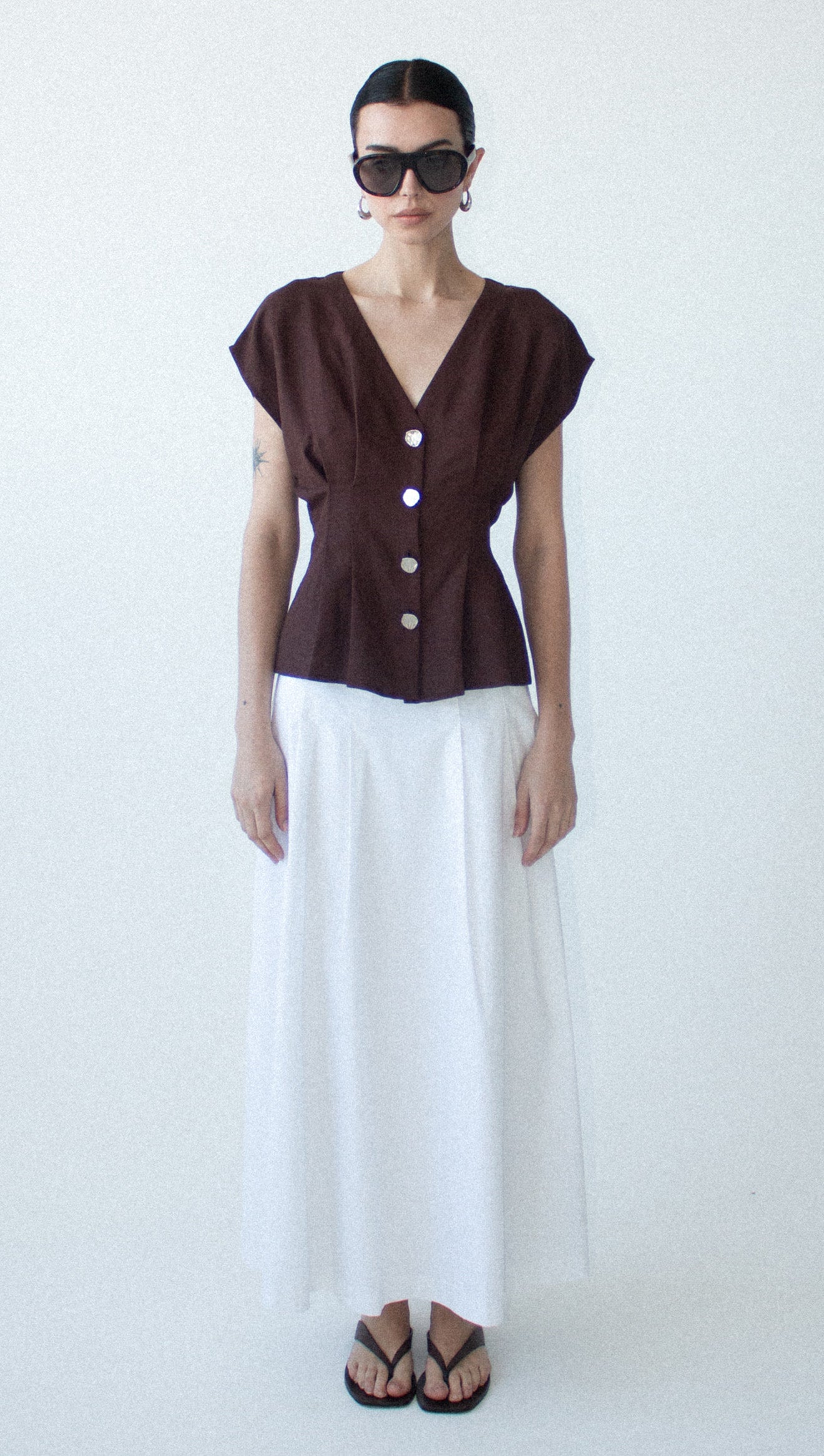 Chocolate Linen Blend V-Neck Cropped Top
