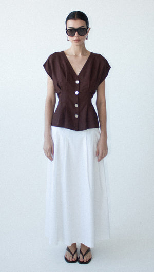 Chocolate Linen Blend V-Neck Cropped Top