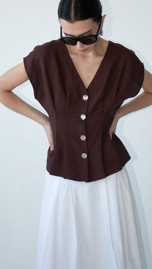 Chocolate Linen Blend V-Neck Cropped Top