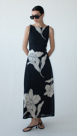 Sketched Floral Mesh Midi Dress