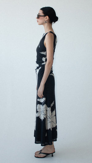 Sketched Floral Mesh Midi Dress