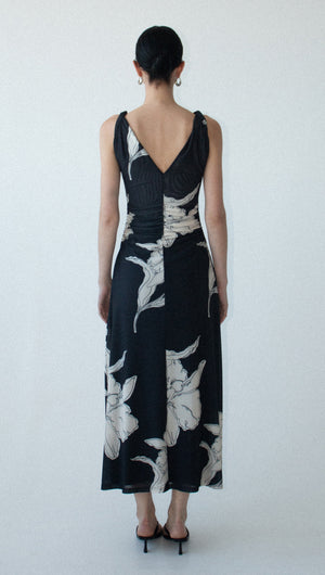 Sketched Floral Mesh Midi Dress