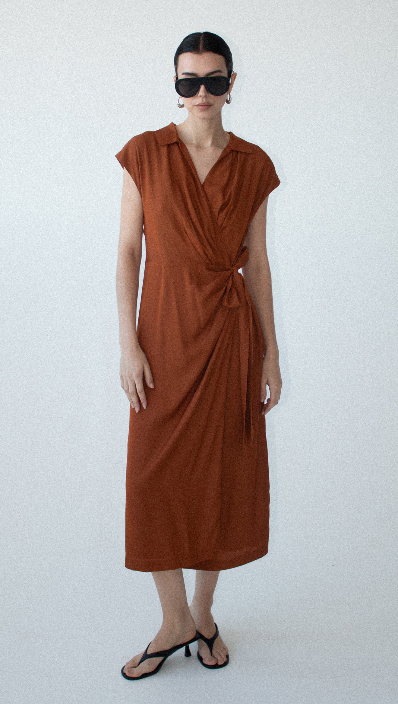 Copper Draped Wrap Midi Dress