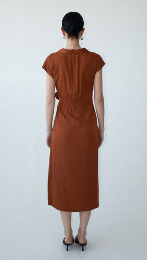 Copper Draped Wrap Midi Dress