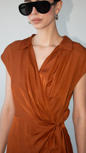 Copper Draped Wrap Midi Dress