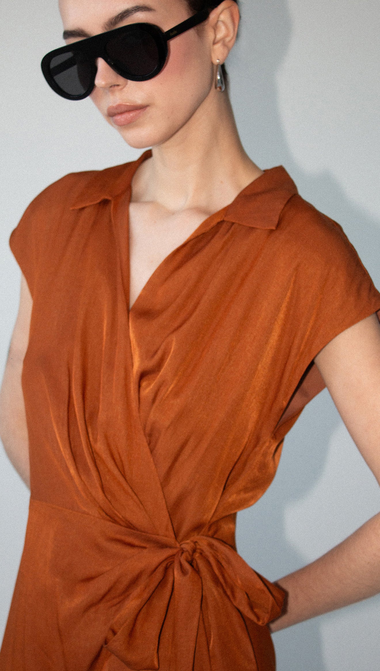 Copper Draped Wrap Midi Dress