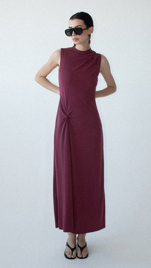 Burgundy Twist Detail Jersey Midi Dress