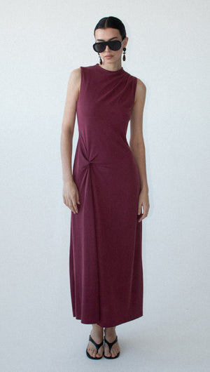 Burgundy Twist Detail Jersey Midi Dress