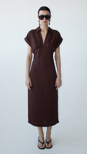 Chocolate Linen Blend Collared Midi Dress