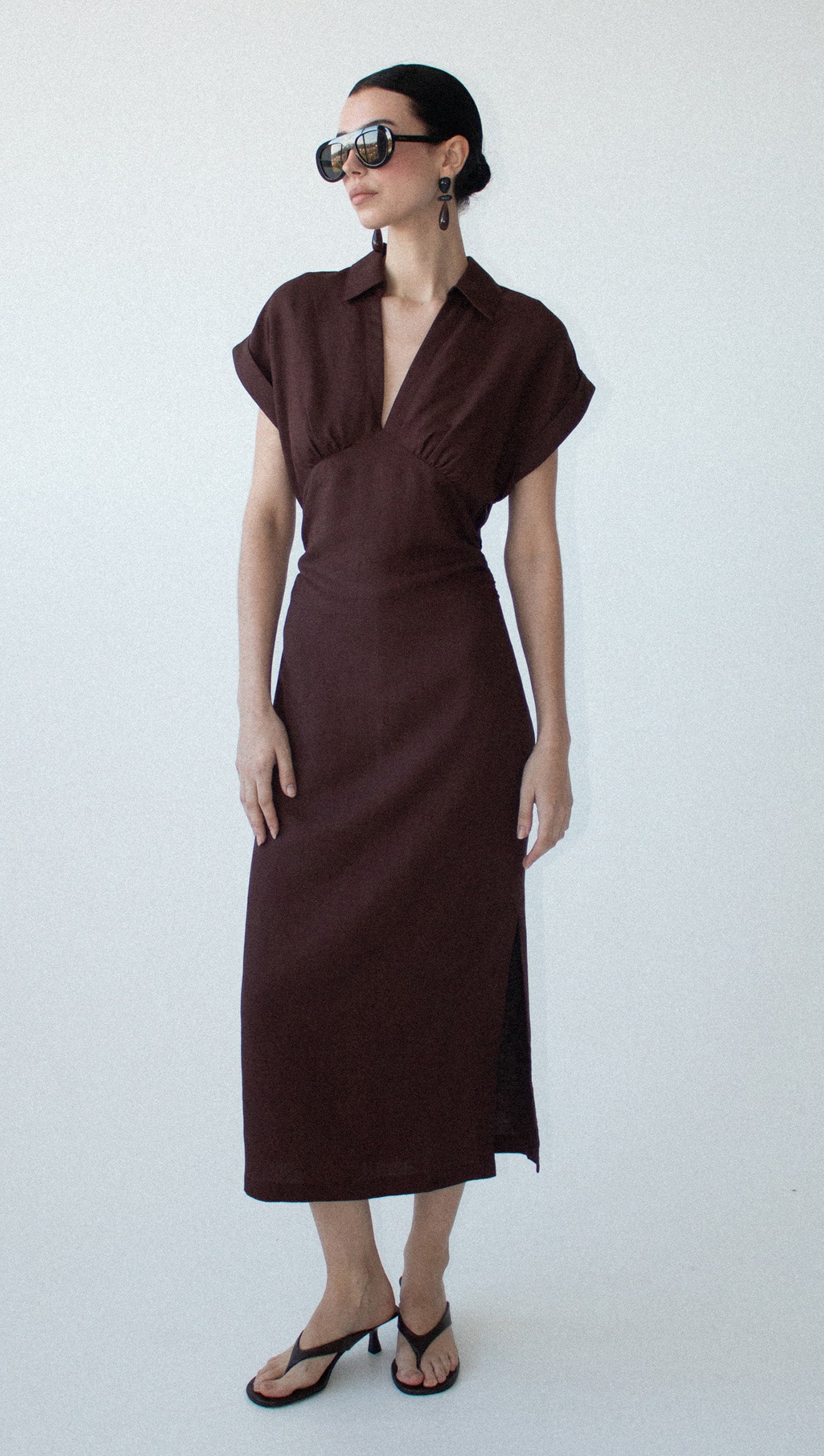 Chocolate Linen Blend Collared Midi Dress