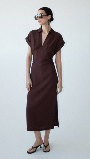 Chocolate Linen Blend Collared Midi Dress