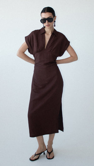 Chocolate Linen Blend Collared Midi Dress