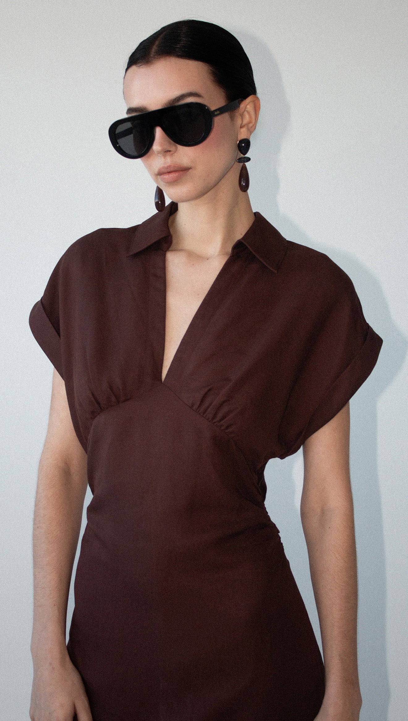 Chocolate Linen Blend Collared Midi Dress