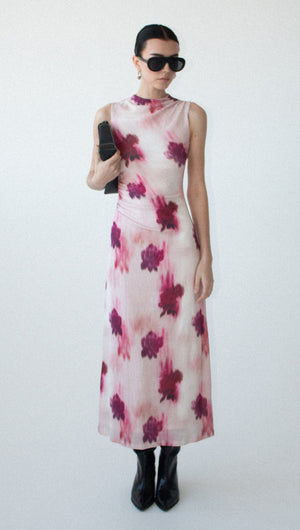 Pink Floral Sleeveless Mesh Midi Dress