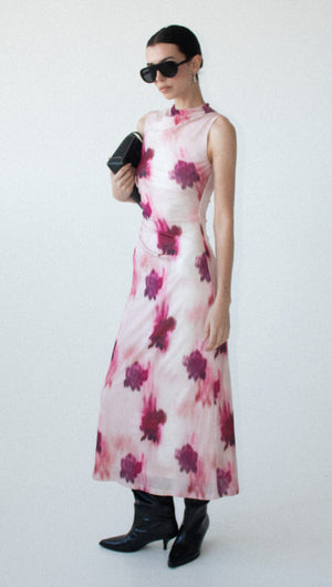 Pink Floral Sleeveless Mesh Midi Dress