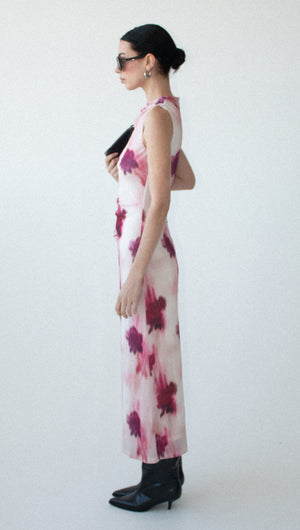 Pink Floral Sleeveless Mesh Midi Dress