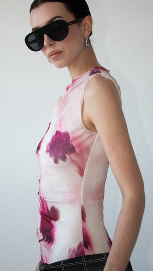 Pink Floral Sleeveless Mesh Midi Dress