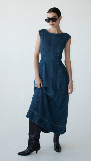 Indigo Chambray Panelled Midi Dress