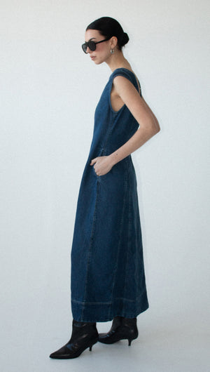 Indigo Chambray Panelled Midi Dress