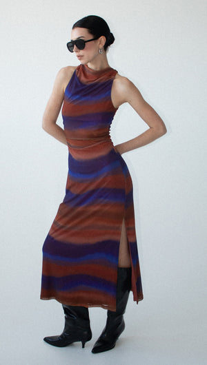 Sunset Ombre Print Sleeveless Mesh Midi Dress