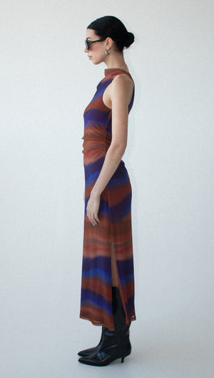 Sunset Ombre Print Sleeveless Mesh Midi Dress