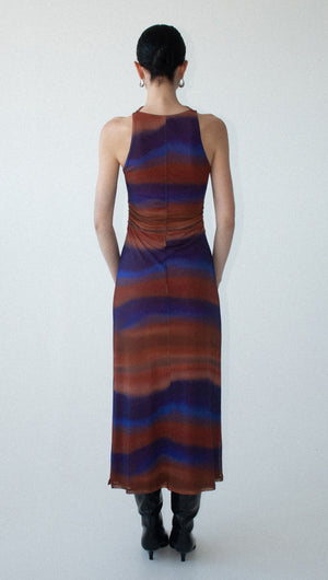 Sunset Ombre Print Sleeveless Mesh Midi Dress